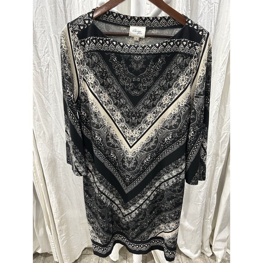 Womens Boho Paisley Floral Shift Dress Size 12 Sleeve Stretch Event Party Guest